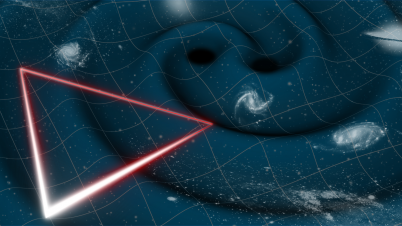 Illustration showing two black holes merging and creating ripples in the fabric of spacetime. Some galaxies are visible in the background. In the foreground, the shape of a triangle is traced by shining red lines. It is meant to represent the position of the three LISA spacecraft and the laser beams that will travel between them.